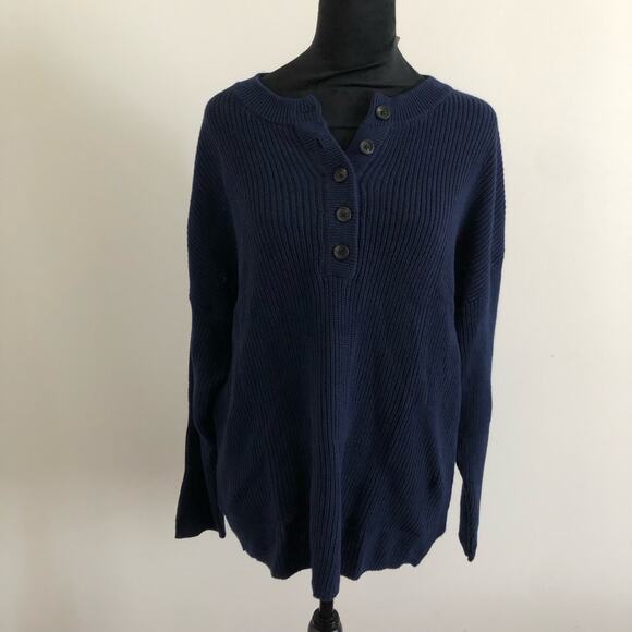 Aerie Women's Button-Up Henley Knit Sweater Medium Navy Blue 100% Cotton NWT - Picture 2 of 8
